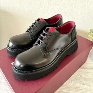 New Gucci women leather lace-up loafers shoes with Web, size 37.5, US 7.5, black